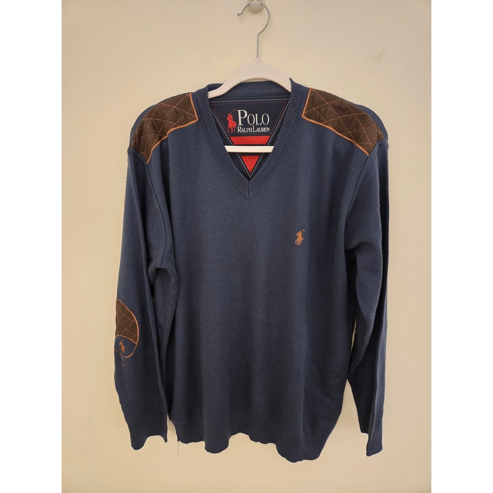 Polo Ralph Lauren Mens 3XL Navy Blue Wool V-Neck Sweater Quilted Elbow Patches